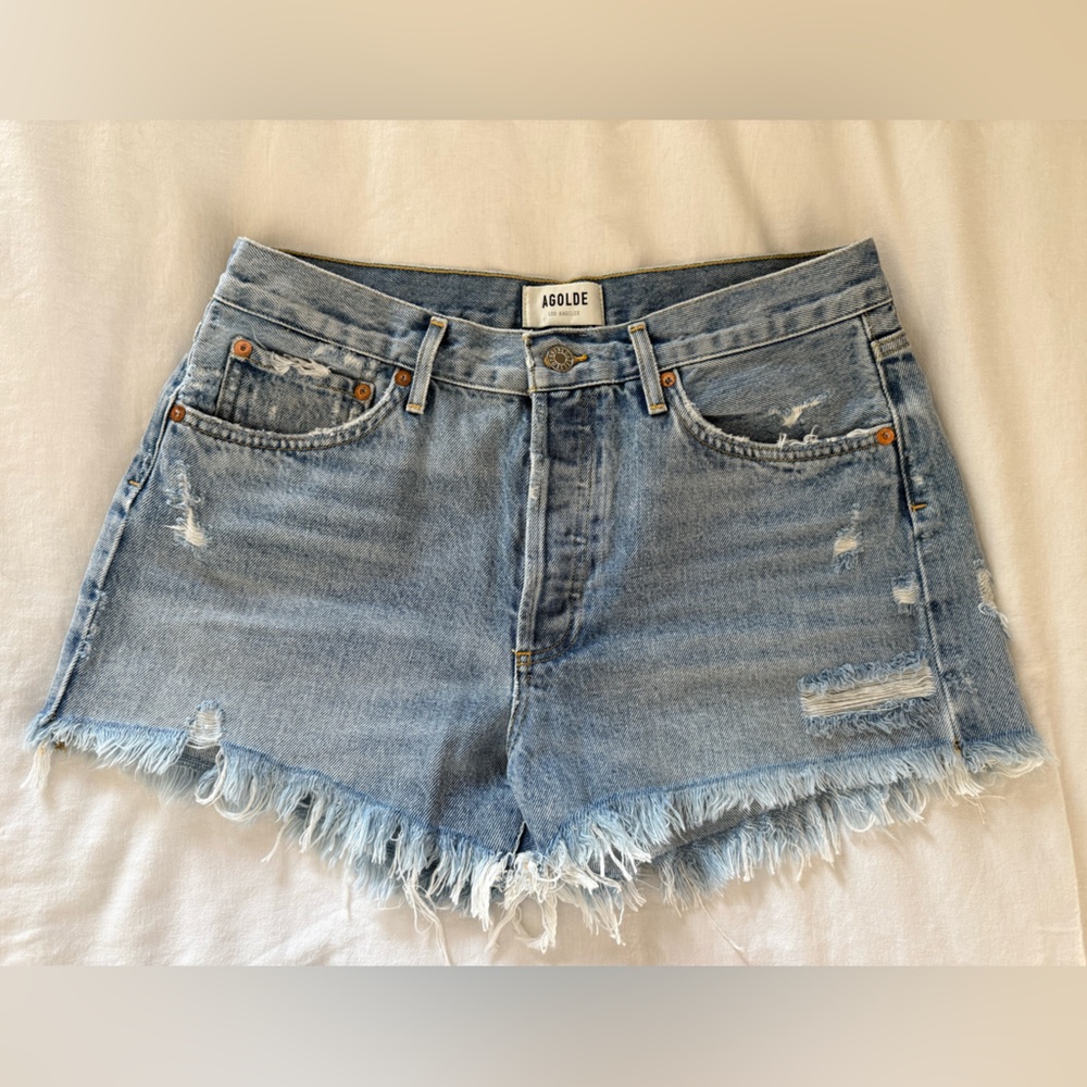 Agolde Distressed Light Blue Jean Shorts